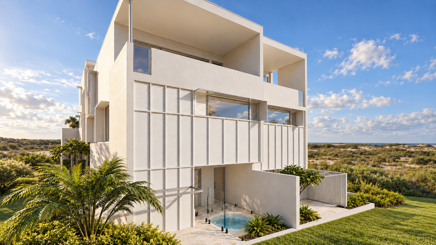 3D visualisation of a coastal multi-residential building with pale facades, screened balconies and landscaped grounds.